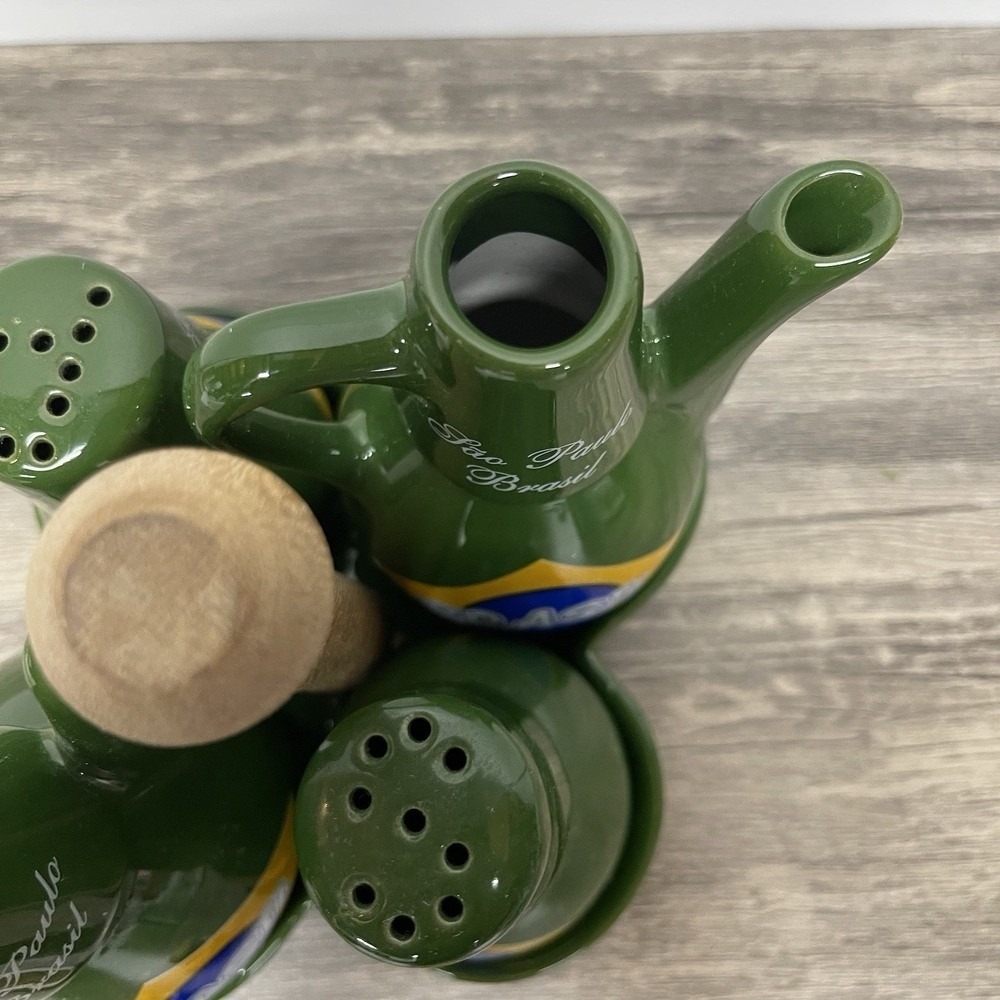 Sao Paulo Brasil Cruet Set Ceramic Green Brazil Flag 5 Piece Caddy - Picture 16 of 16